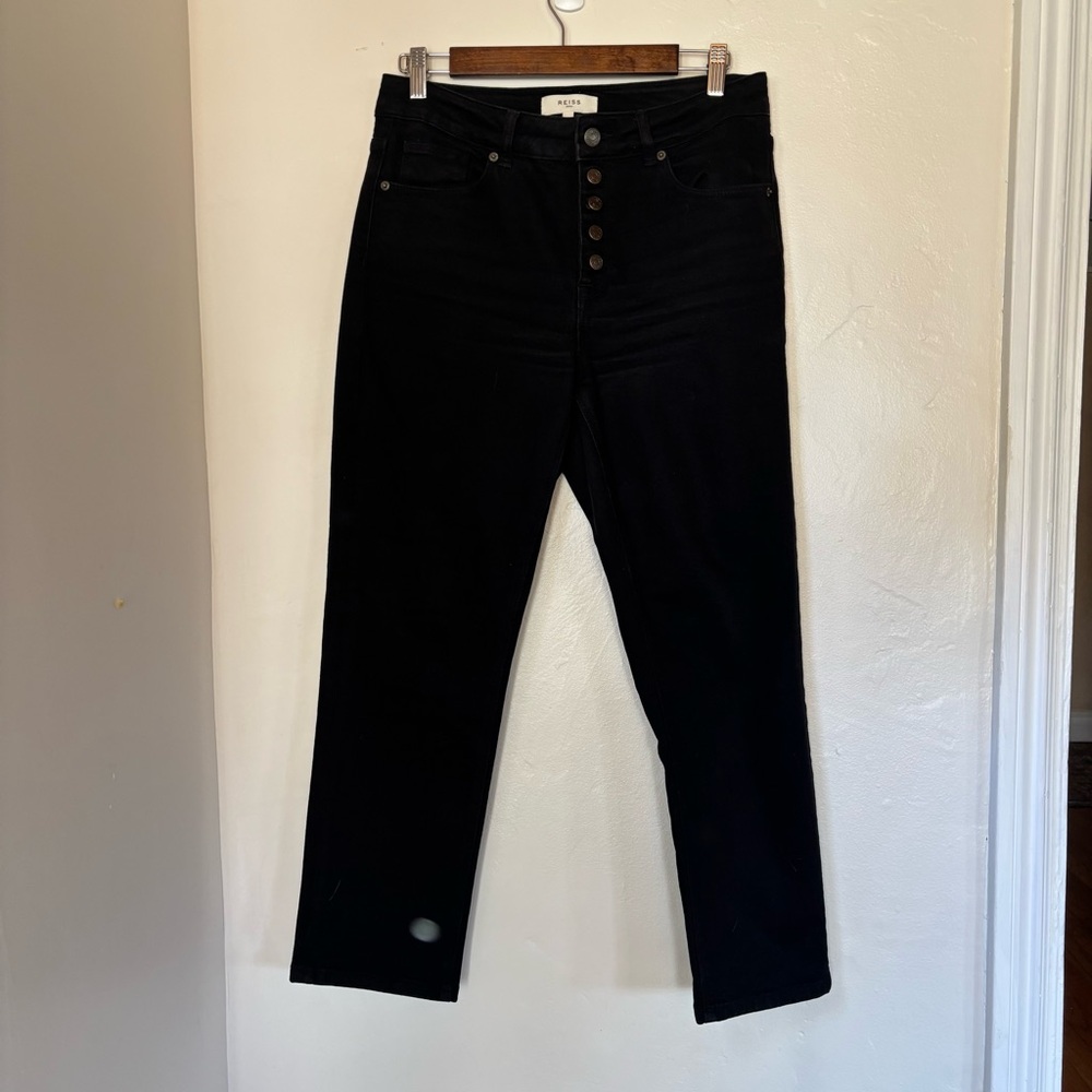 REISS Bailey Button Fly Ankle Straight Leg Jeans in Black